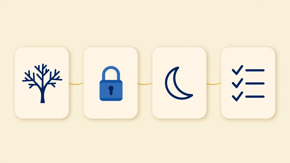 Icons of a family tree, a lock, a moon and a checklist, illustrating our recent updates